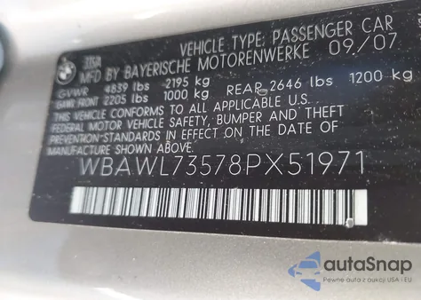 2008 BMW 335I из США, поврежденный, VIN WBAWL73578PX51971